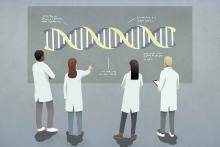 Illustration of scientists looking at DNA spiral.